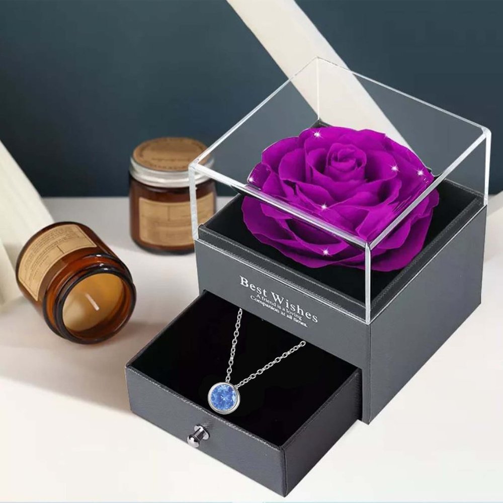 Preserved Rose In a Acrylic Box with Silver Plated March Birthstone Necklace